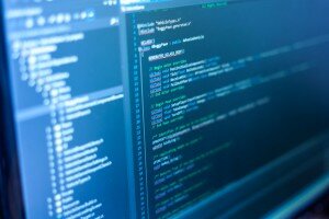 Programming code on a monitor.